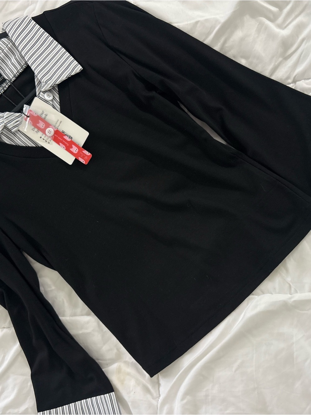 Cider Black Layered-Look Long Sleeve Top with Striped Collar